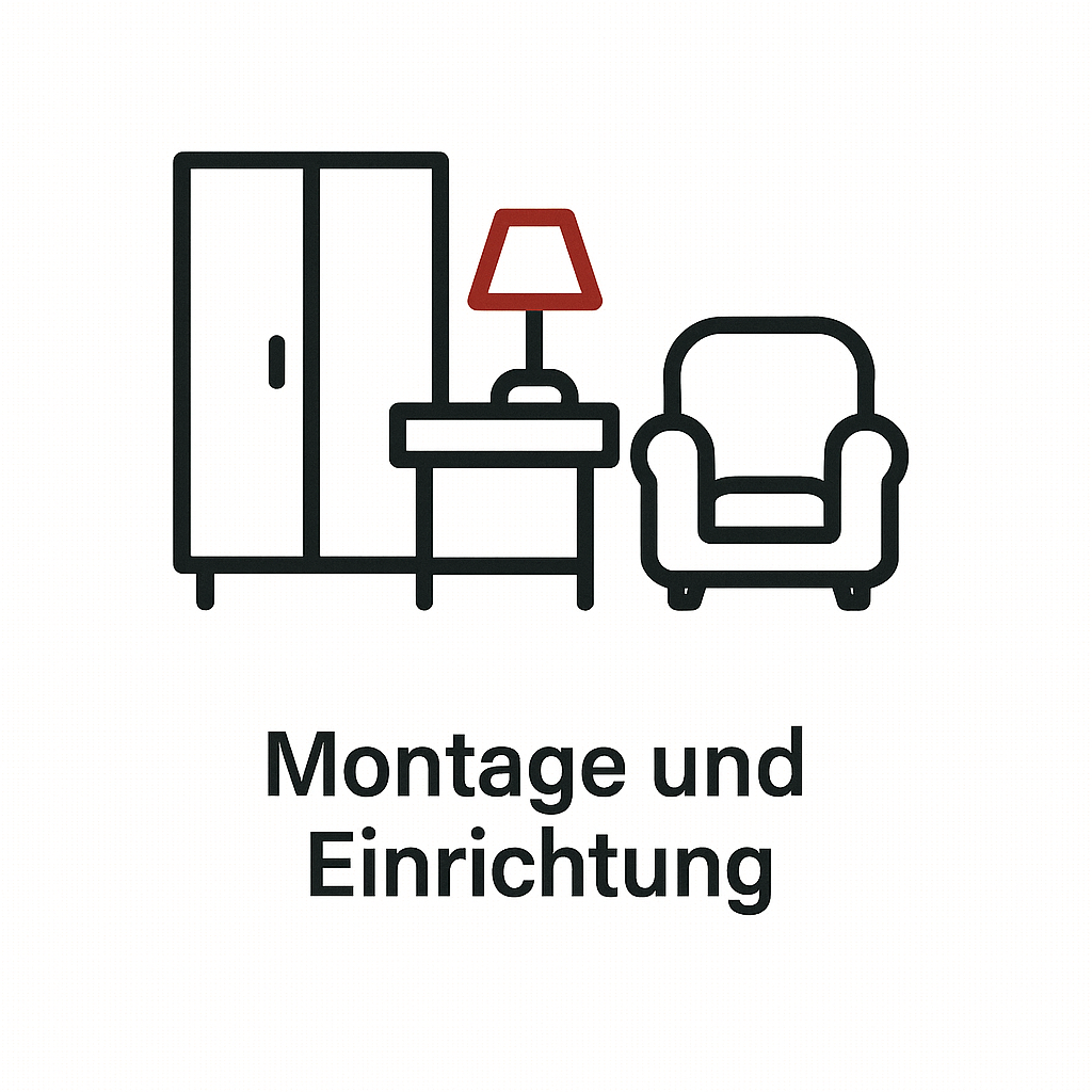 Ein Icon mit mehreren Möbelstücken nebeneinander. Unter dem Icon steht Montage und Einrichtung. Unser Umzugsunternehmen aus Hamburg montiert Ihre Möbel und richtet Ihr neues Zuhause für Sie ein.