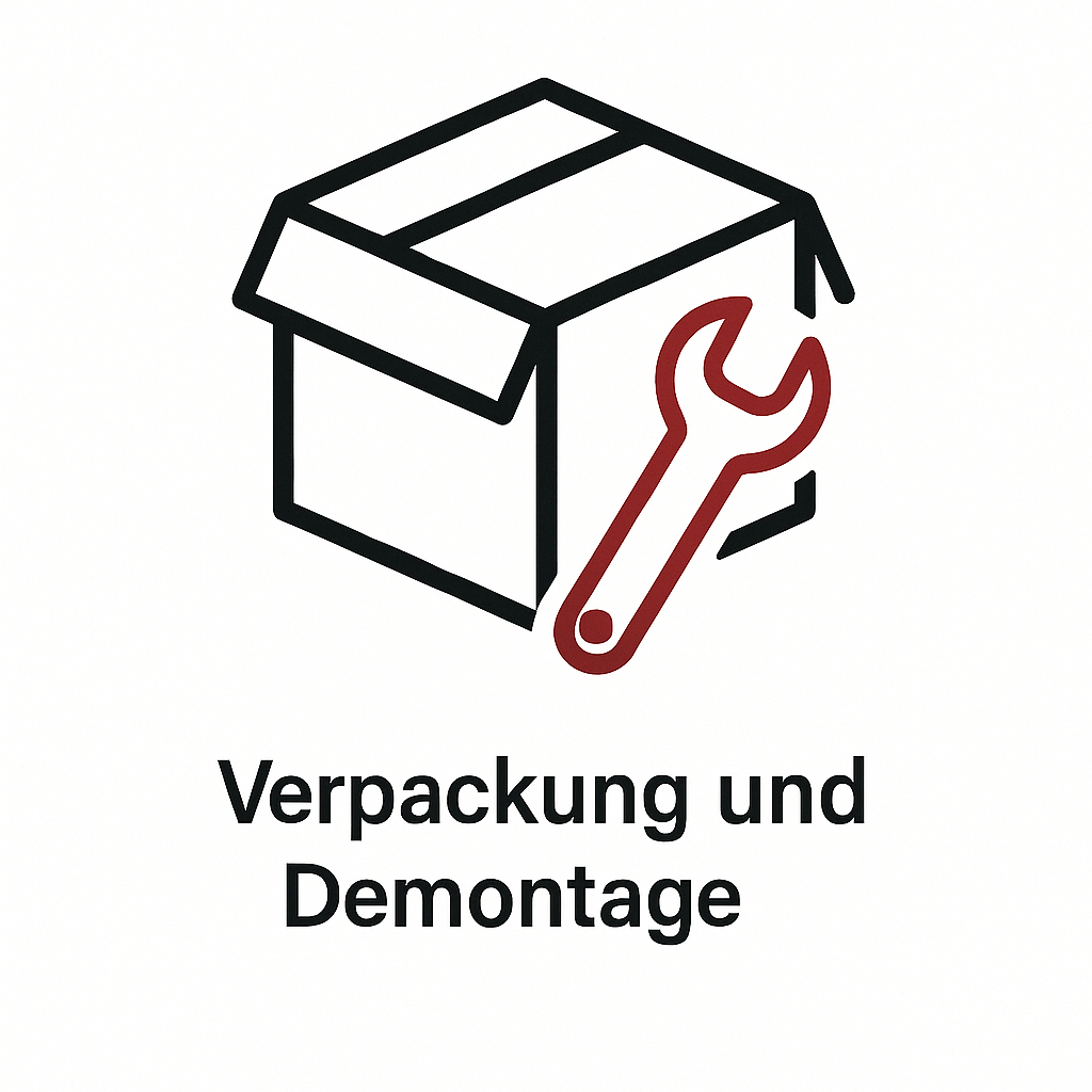 Ein Icon mit einem Umzugskarton und einem Werkzeug daneben. Unter dem Icon steht Verpackung und Demontage. Unsere Umzugsfirma aus Hamburg demontiert Ihre Möbel und verpackt Ihre Habseligkeiten.