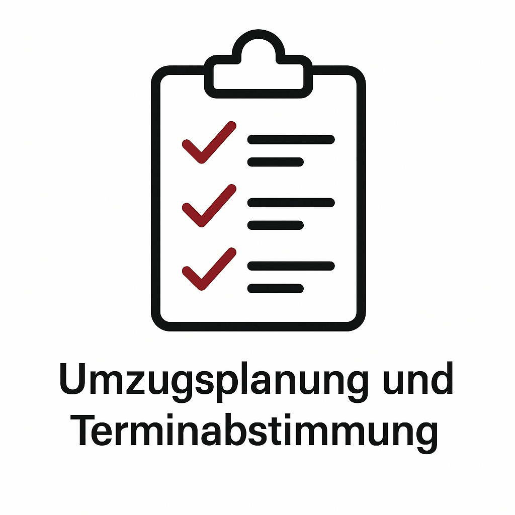 Ein Icon mit einem Klemmbrett. Unter dem Icon steht Umzugsplanung und Terminabstimmung. Unser Umzugsunternehmen aus Hamburg plant für Sie den Umzug.