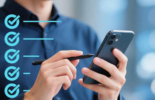 Eine Person, die mit einem Eingabestift ein Smartphone bedient. Daneben ist eine Liste mit abgehakten Punkten eingeblendet. Mit unserem Umzugsunternehmen aus Hamburg können Sie Ihren Umzug digital planen.
